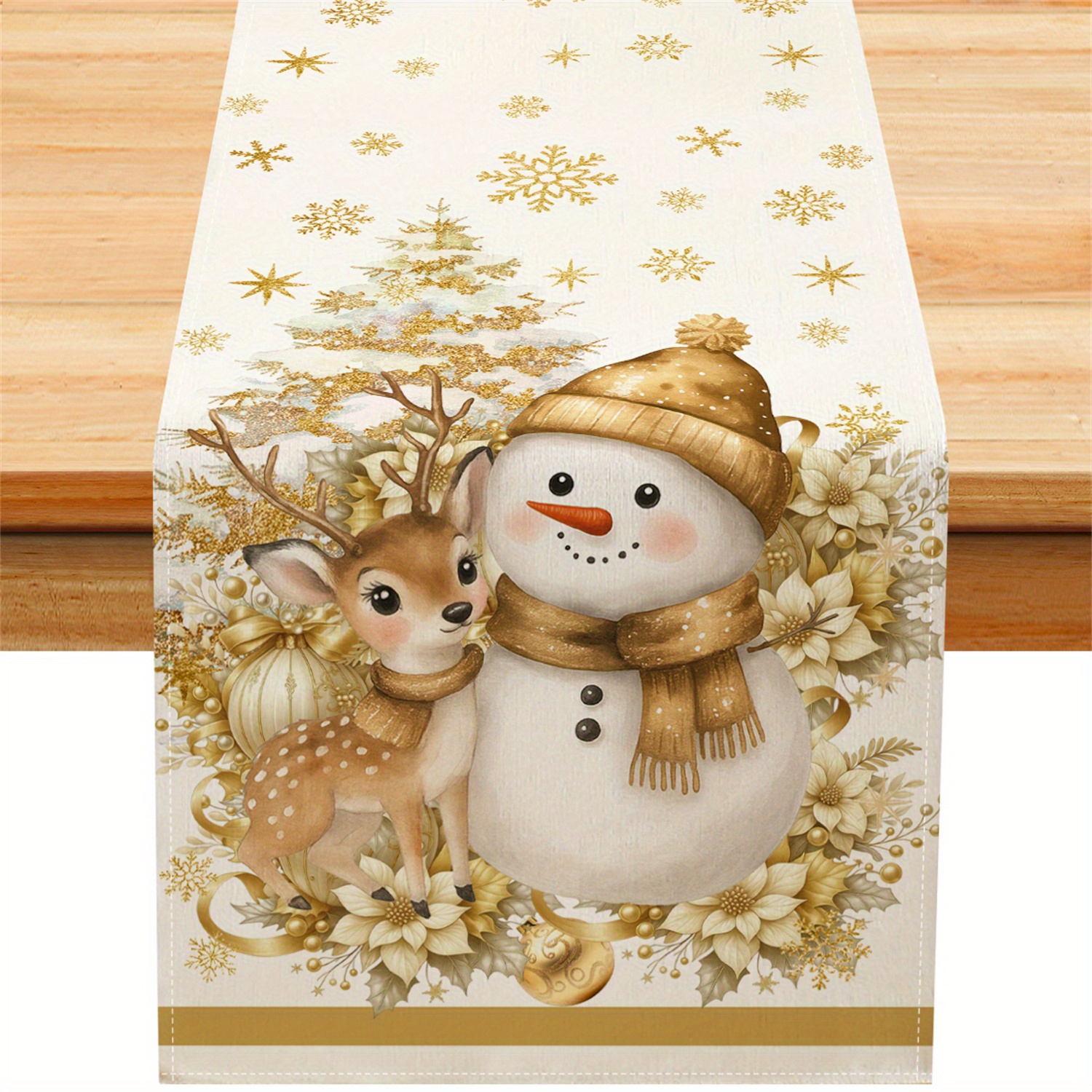 TEMU 1pc Reindeer Golden Snowman Christmas Tree Snowflake Poinsettia Christmas Table Runner - Kitchen Dining Table Decor For Indoor/ Outdoor Home