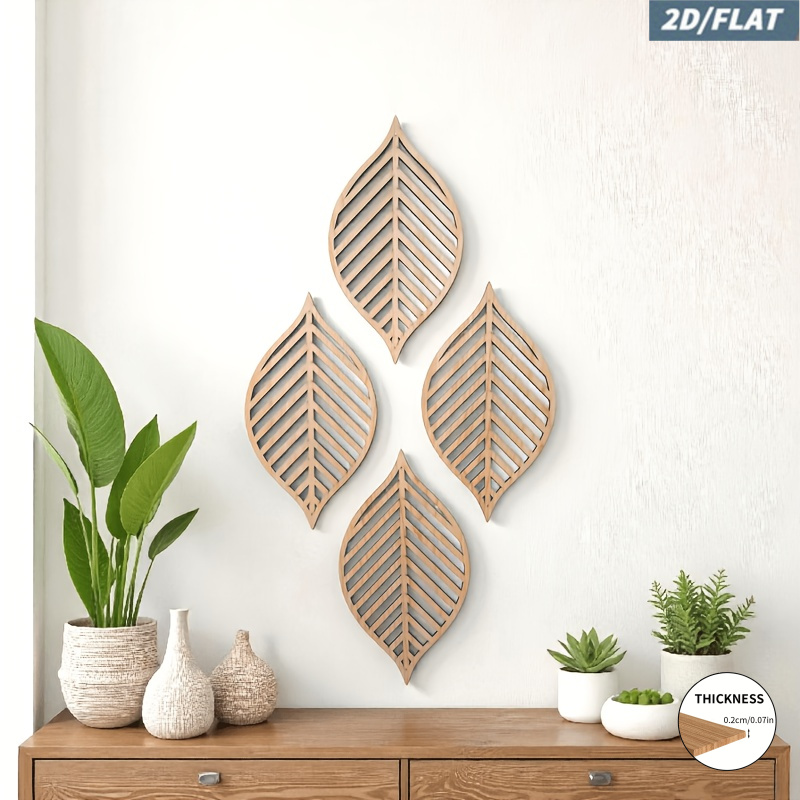TEMU 2d Flat 4pcs Hollow Leaf Wooden Wall Decor, Geometric Leaf Vein Shape Wooden Plaque, Perfect For Living Room, Bedroom, Entryway, Study Room, ,