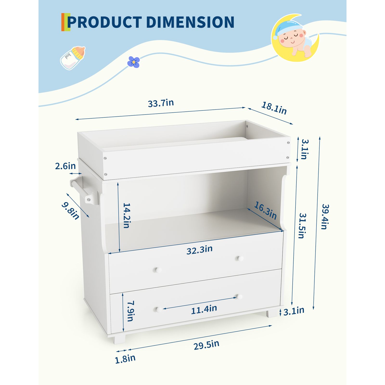 Baby Changing Table Dresser with 2 Drawers & Open Shelf - Modern White Nursery Dresser, Diaper Changing Station with Lock-Free Design, Non-Wood Durable, Easy Assembly for Kids Room, Nursery, Baby Room Storage Organizer