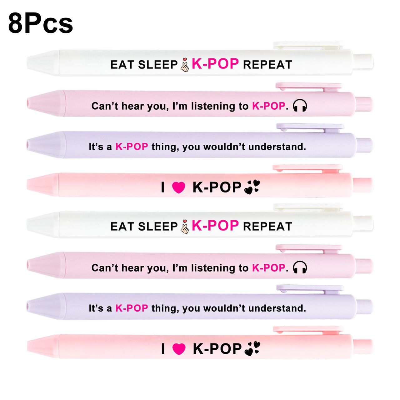 Theme Ballpoint Pens- 8 Pack Black Ink Pens With Cute Quotes& Heart Hands Design, Smooth Writing Pens -pop Fans, Students, Journaling, Gift Ideas