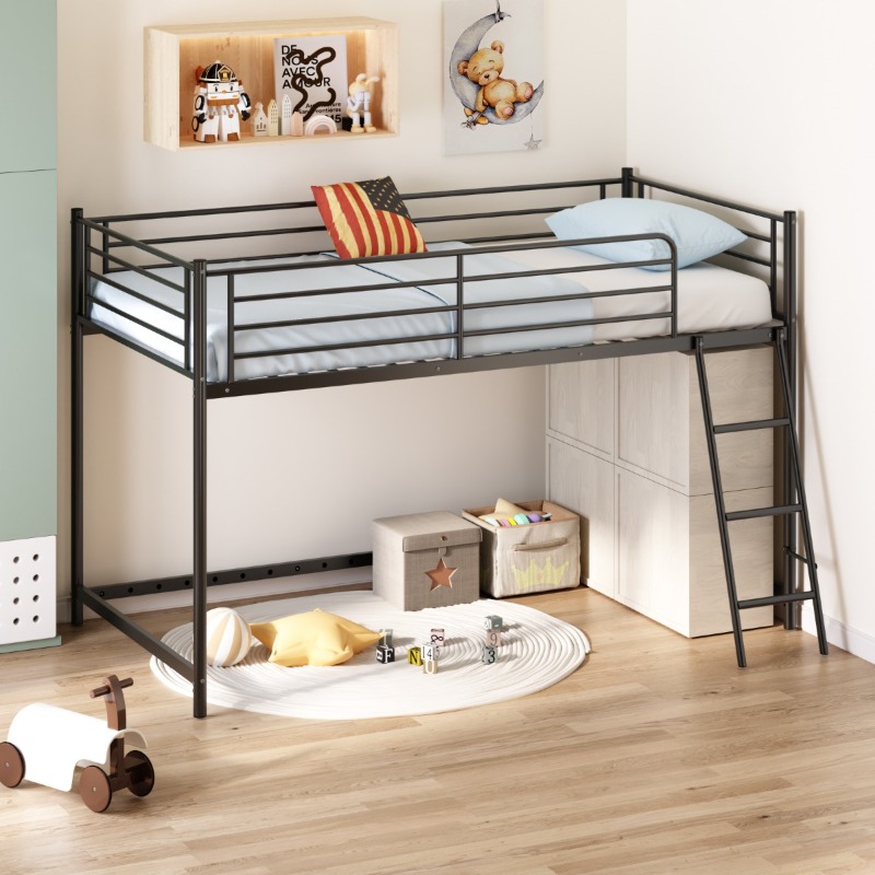 Loft Bed for Kids | Heavy-duty Iron Frame, 350LBS Weight Capacity, Space Saving Design for Small Rooms & Low Ceilings, Movable Ladder, - JOYMOR