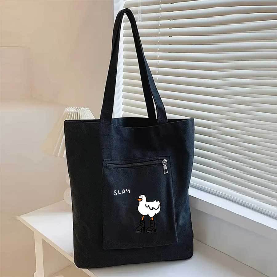 TEMU 대용량 패션 슬레이 덕 프린트 토트 백, 여행, 출퇴근, 쇼핑을 위한 여성용 캐주얼 숄더 핸드백