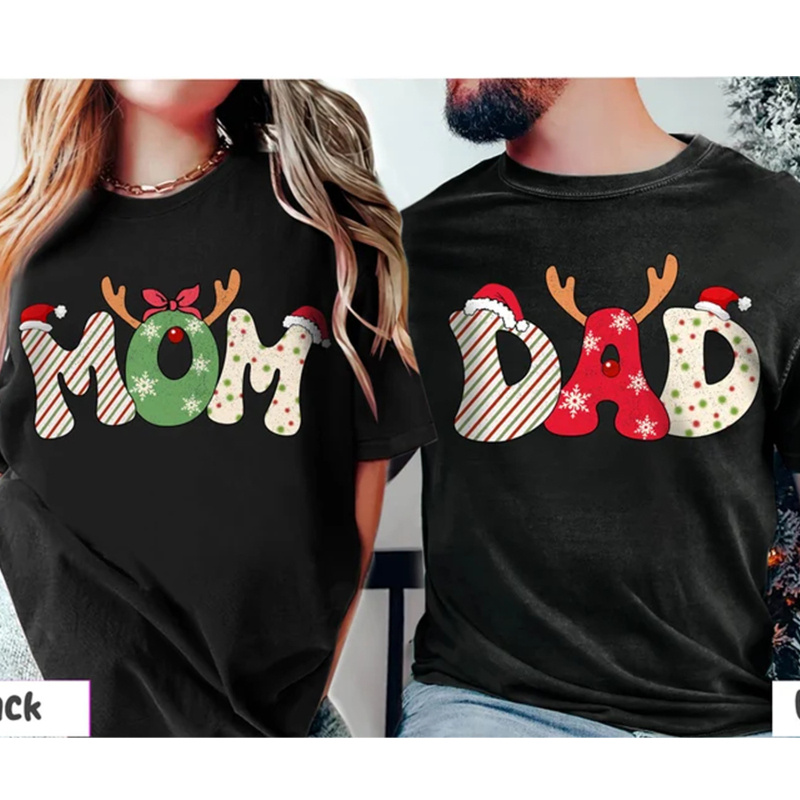 

1pc Mom And Dad , Christmas Mom Sweatshirt, Family Christmas T-shirt For Mom Dad, Christmas Couple Sweater, Holiday Mom Shirt, Valentine's Day Gifts, Couple Matching Shirt
