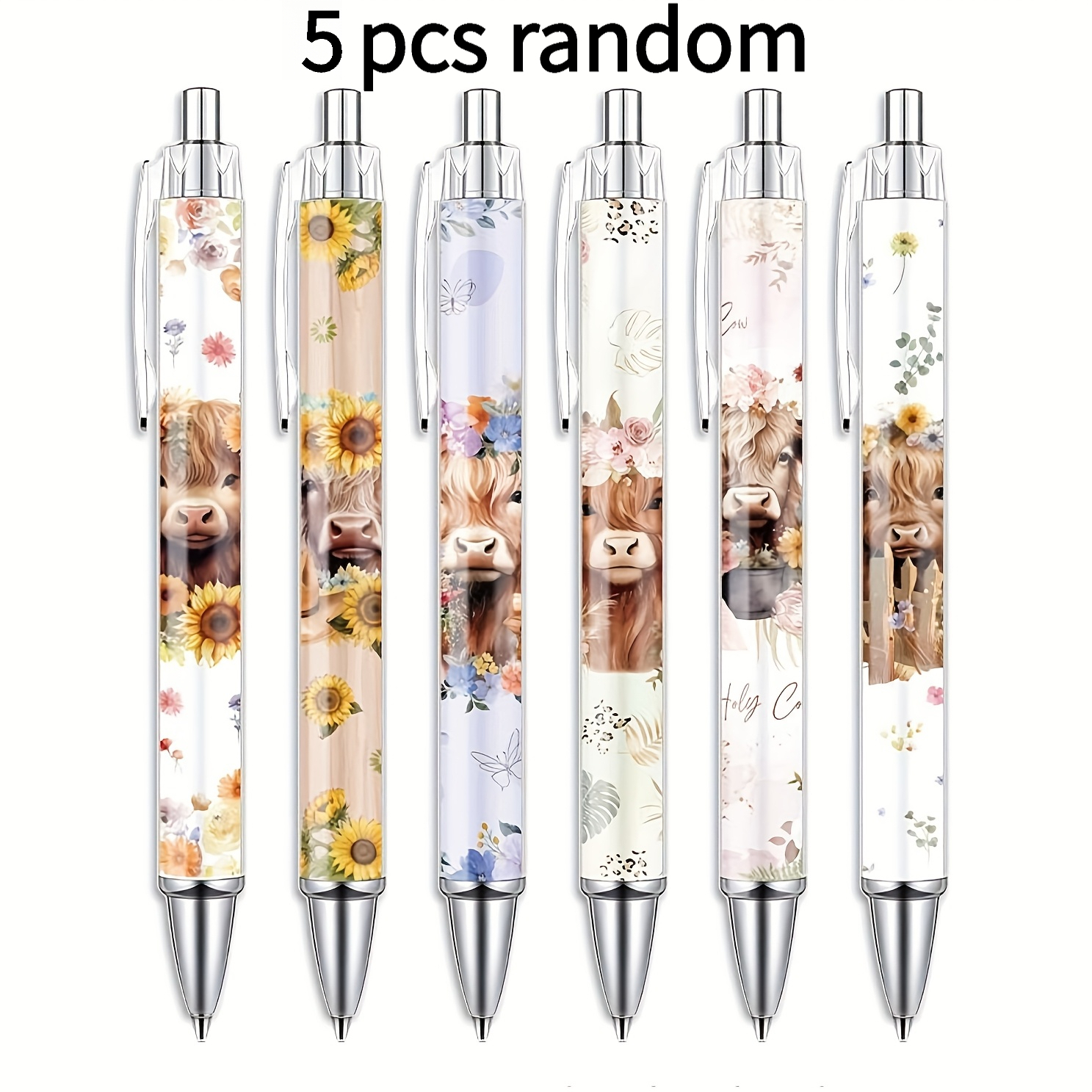 TEMU 5pcs Cute Highland Cow Print Pens, Random Pattern, Floral Highland Cow Pen 0.5mm Black Ink Retractable Ballpoint Pen Cartoon Highland Cow