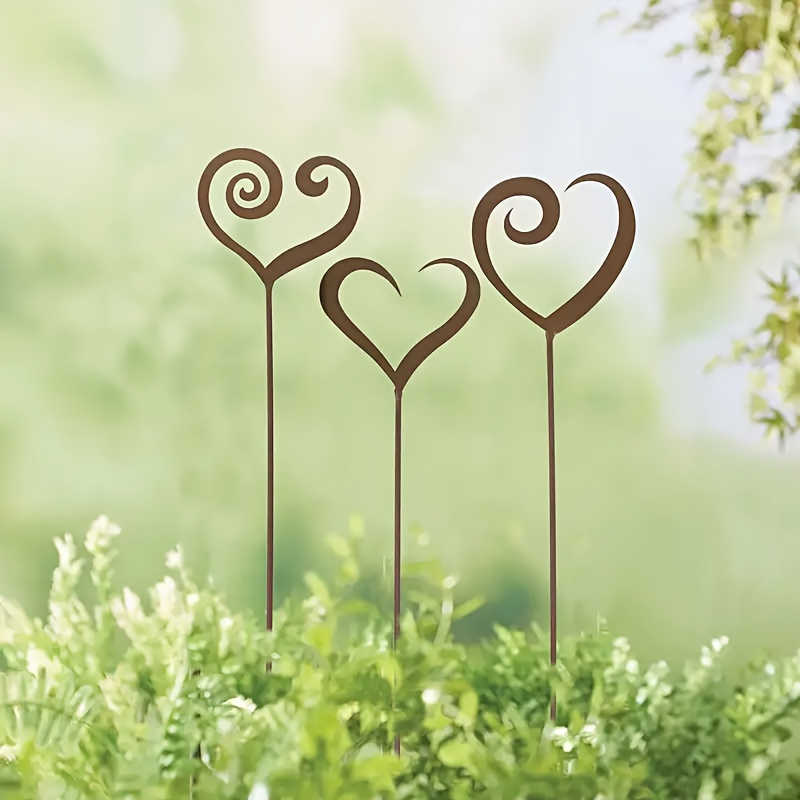 E-shop 3er-Set Rustikale Eisenherz Metall Blumentopf-Dekorstecker - Freistehende Außengartendeko für Balkon, Hof, Abschlusszeit, Keine Elektrizität