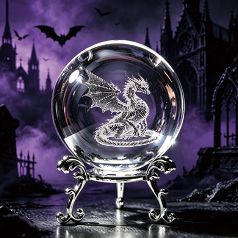 TEMU Perfect Gift 3d Coiled Winged Ball Halloween Decor With Stand 3d Laser Engraved Coiled Winged Dragon Ornament Round Glass Desktop Craft