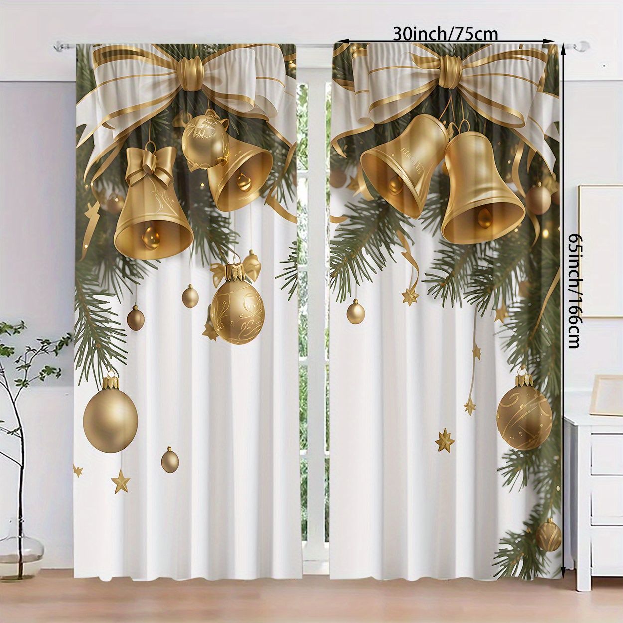 TEMU 2 Panels, Christmas Decorative Curtains, Ornaments & Bells Print, Light- Rod Window Drapes, Woven Velvet , Washable, For Bedroom, Room - Unlined