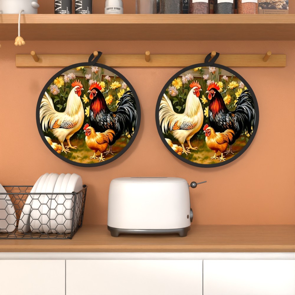 E-shop 2 Stück 8 x 8 Zoll Runde Lustige Tier Hühner Gelb Braun Doppelseitig Bedruckte Matten für Hoteleinsätze, Töpfe und Pfannen, Kochen, Grillen,