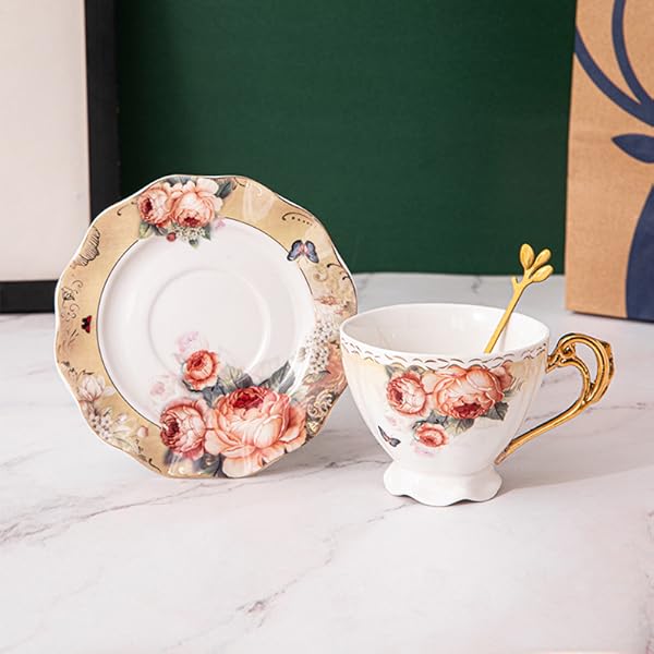 1pc elegant floral tea cup and saucer set - elegant  -pink & golden porcelain   service with matching spoon, large 7oz cup, dishwasher safe - wedding, housewarming, birthday, mother s day gift - vintage tableware for everyday or formal dining - antique orange  ,  , & cadmium-free, ideal for latte, cappuccino, tea, espresso, cups for tea,   bar accessories,  , teacup,   Product details 5