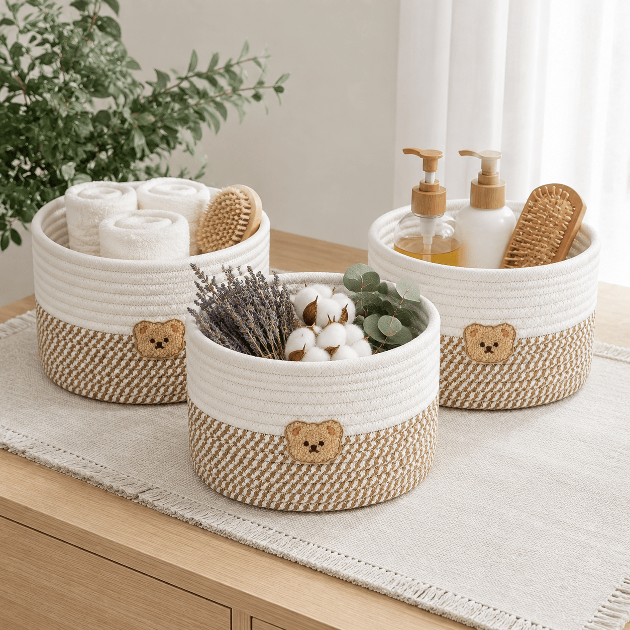 TEMU Lot de 3 paniers de rangement tissés SHENGHUO avec étiquette écussons , adaptés à de , de bain, du salon - Paniers ronds en corde, conteneurs à