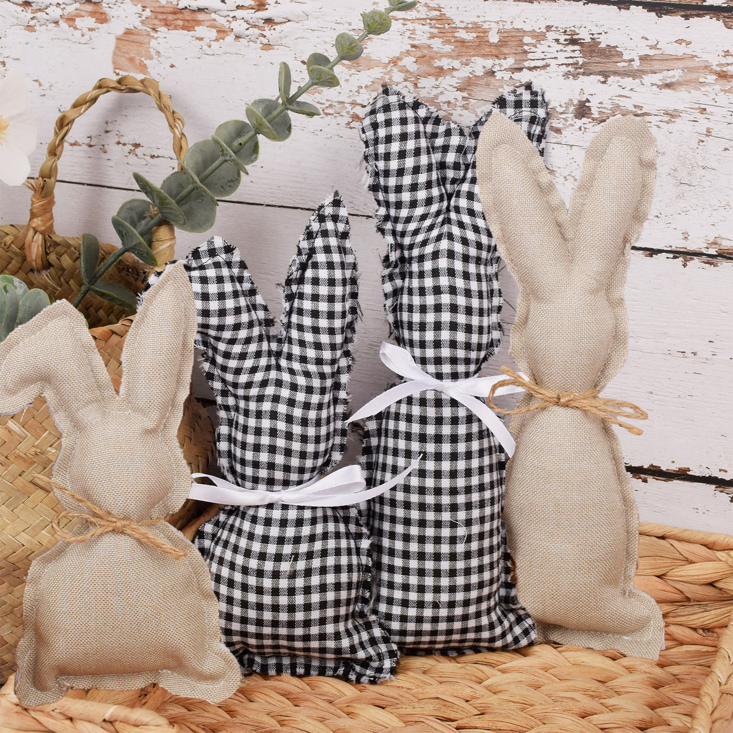 

4pcs Rustic Easter Bunny Decor Stuffed Fabric Bunny Ornament Easter Basket Stuffers For Tiered Tray Desk Table Top Wedding Home Easter Centerpiece Decoration