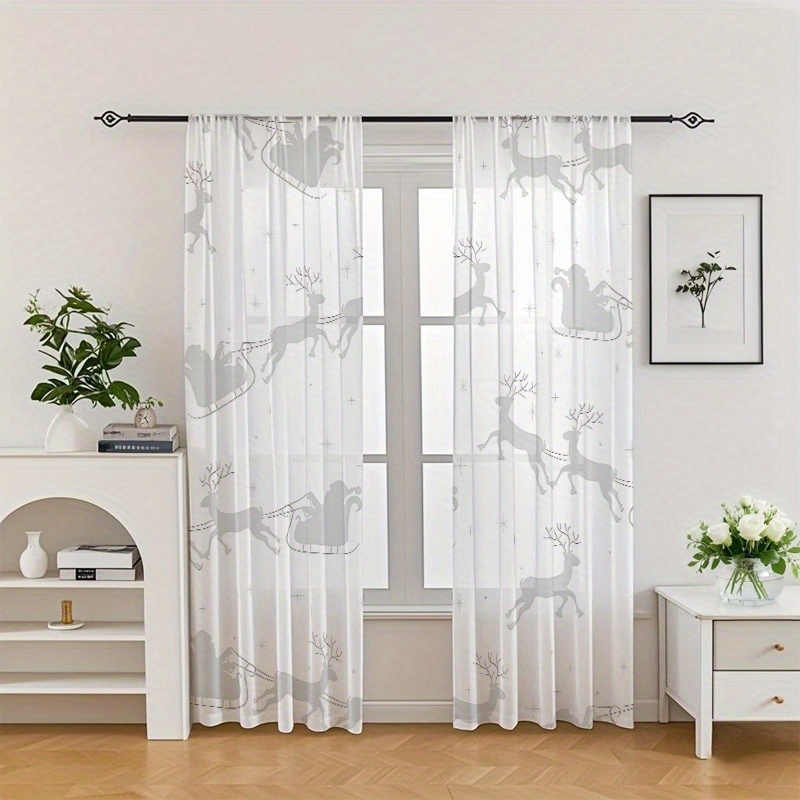 TEMU Set Of 2 Silver Sheer Curtains Featuring A Santa Claus And Reindeer Sleigh Design, Decorating Bedrooms And Living Rooms During The