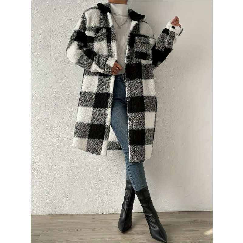 

Contrasting Color Plush Overcoat For Autumn And Winter. Casual Drop-shoulder Long-sleeved Jacket. Trendy Women's Clothing, Overcoat.