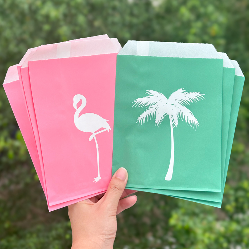 Image of 30pcs 5.1x7.1 Inch/13x18 Cm Dark Pink Flamingo And Mint Tree Flat Paper Bags, Tree Pattern Gift Packaging Bags For Summer Party Wedding Birthday Event, Decorative Favor Bags
