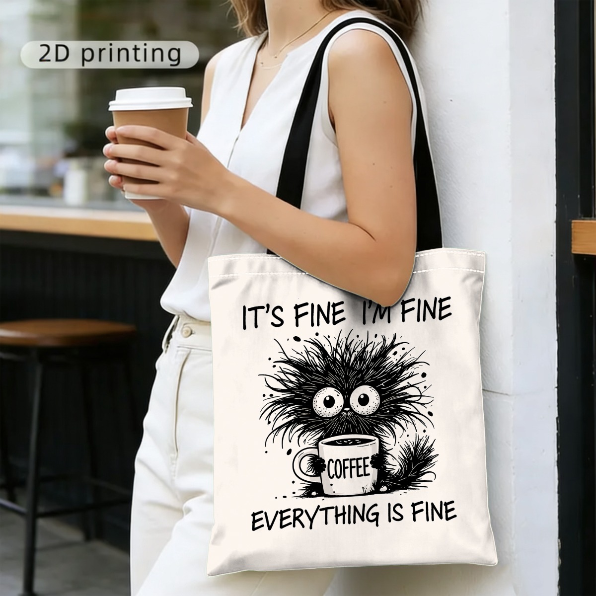 TEMU Adorable Tote Bag For Coffee Enthusiasts Featuring A 2d Printed Design That Says ' Fine, , Everything Is Fine.' Use By Women, This Stylish