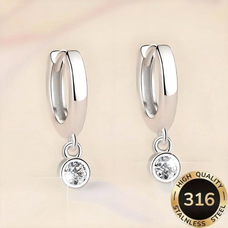 TEMU 1 Pair Of High-quality Steel Anti-allergy Elegant Easy Temperament Single Round Cubic Zirconia Drop Shiny Design Ladies Earrings Suitable For