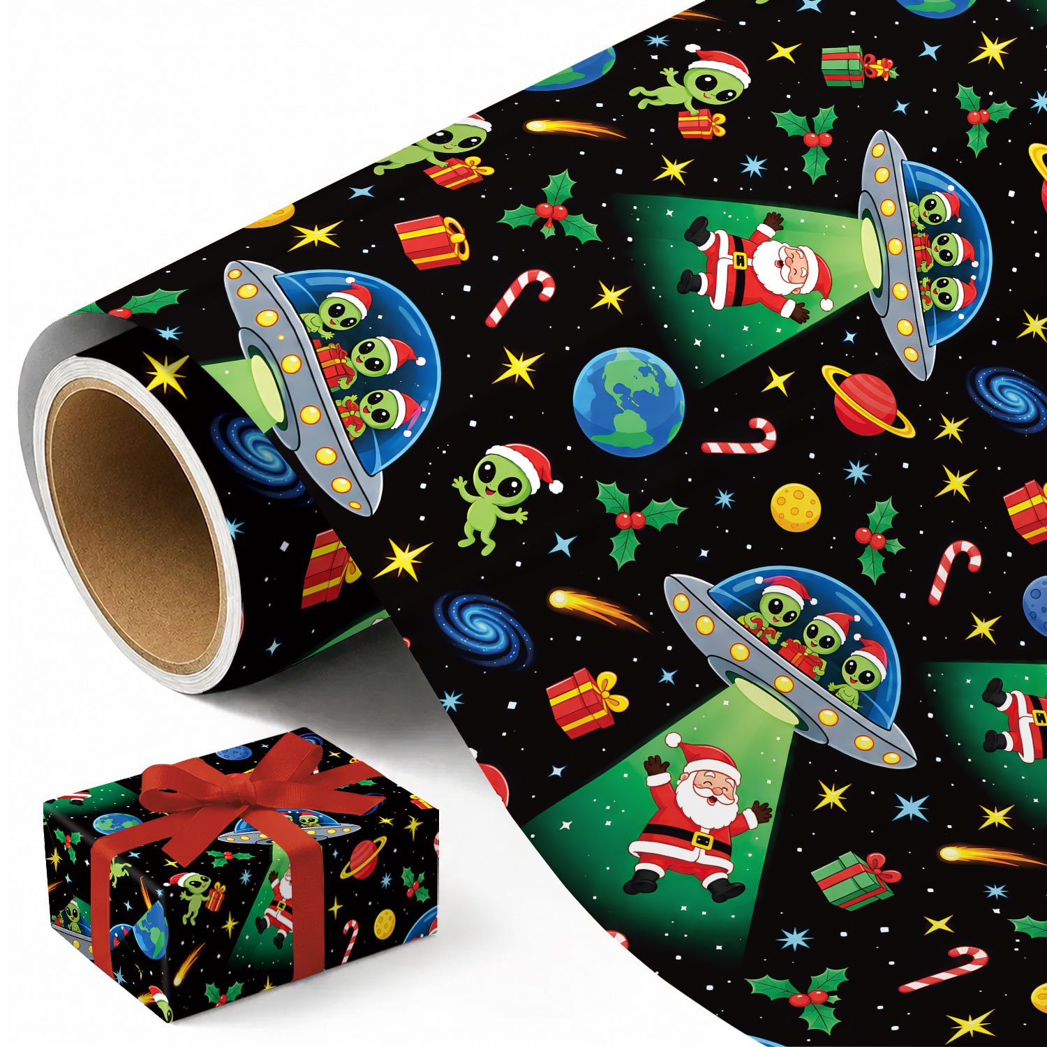 TEMU 1 Rouleau de de Noël Noir, 17.7In X 118In, Aliens et Père Noël, de Noël avec Vaisseaux Spatiaux OVNIS, Planètes, , Étoiles Filantes, Bonbons de