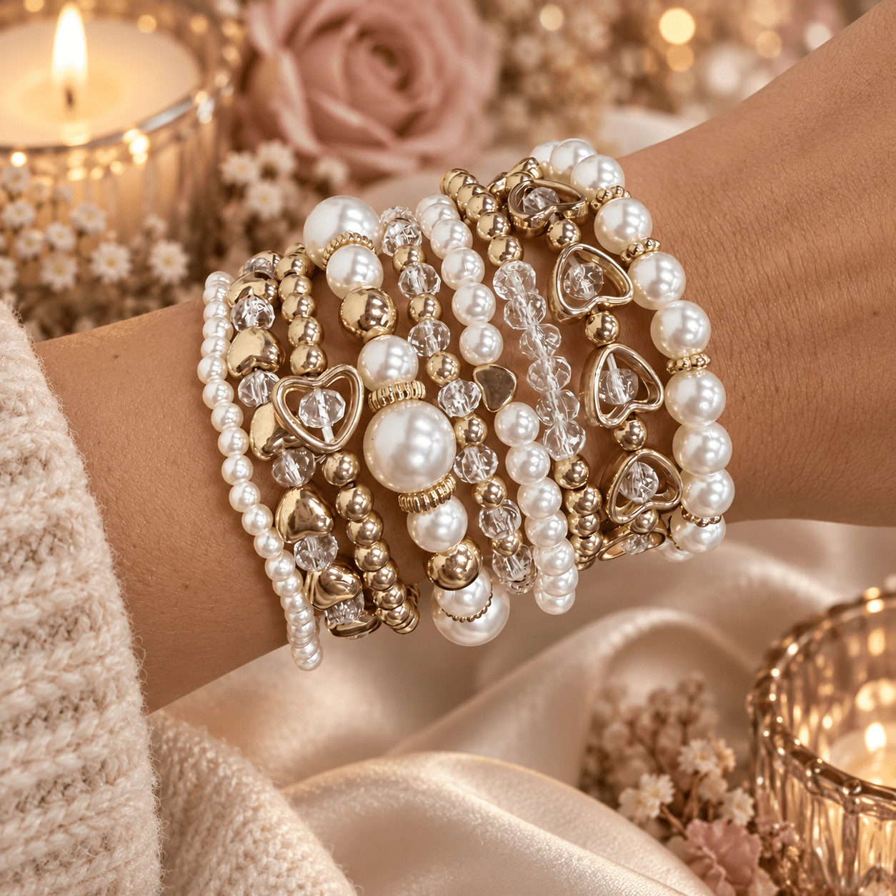 TEMU Parure de 9 bracelets empilables pour femme, style bohème vintage, luxe léger et élégant, avec perles, accessoire bracelet extensible CCB de