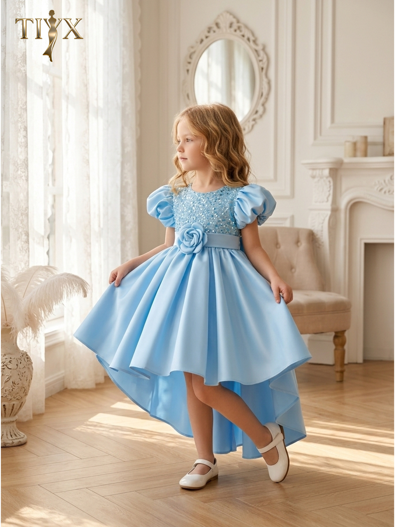 open lace back dress Baby Girl Dress Toddler Puff Sleeves Summer Beaded Big Bow Princess Dress, Blue / 1-2 Years (90cm) main image 1