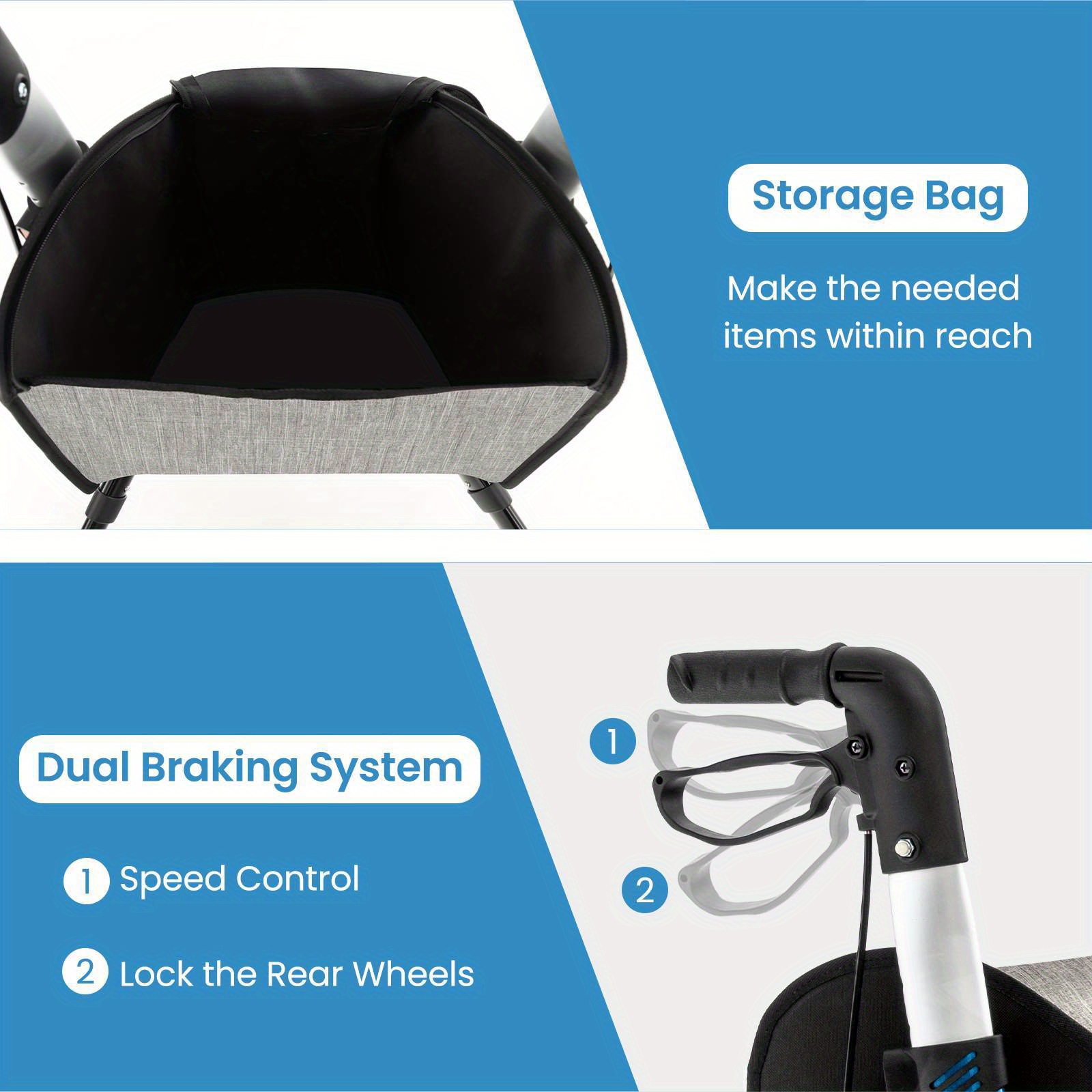 TANGKULA Heavy-Duty Foldable 3-Wheel Rollator Walker with Locking Brake System, 6-Level Adjustable Handle, Lightweight Aluminum Frame & Large Wheels - Portable Rolling Walker with Zippered Storage Bag for,, Home, Nursing Homes - Supports 300 lbs (136kg) - Blue, Foldable Walker for Seniors, Walker with Wheels And Seat, Walker for Seniors with Wheels, Mobility Walker for Plus Size Seniors, Seated Walker Plus Size - Image 4