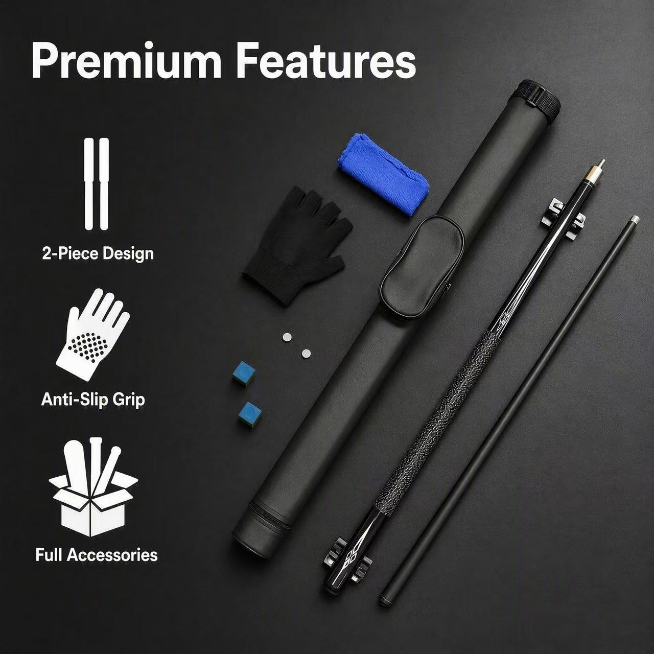 TEMU 1/2 Split Carbon Fiber Pool Cue Stick Set, 9.5mm Tip Complete Billiard Kit With Cue Case, 3-finger Glove, Chalk, Cleaning Cloth And Extra