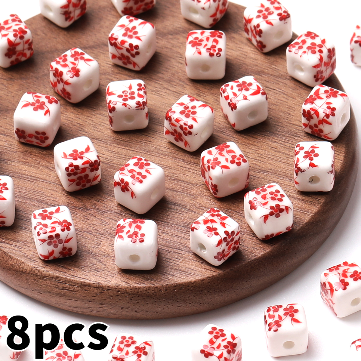 8pcs/16pcs Cube Printed Flowers Glazed Square Ceramic Beads for DIY Jewellery