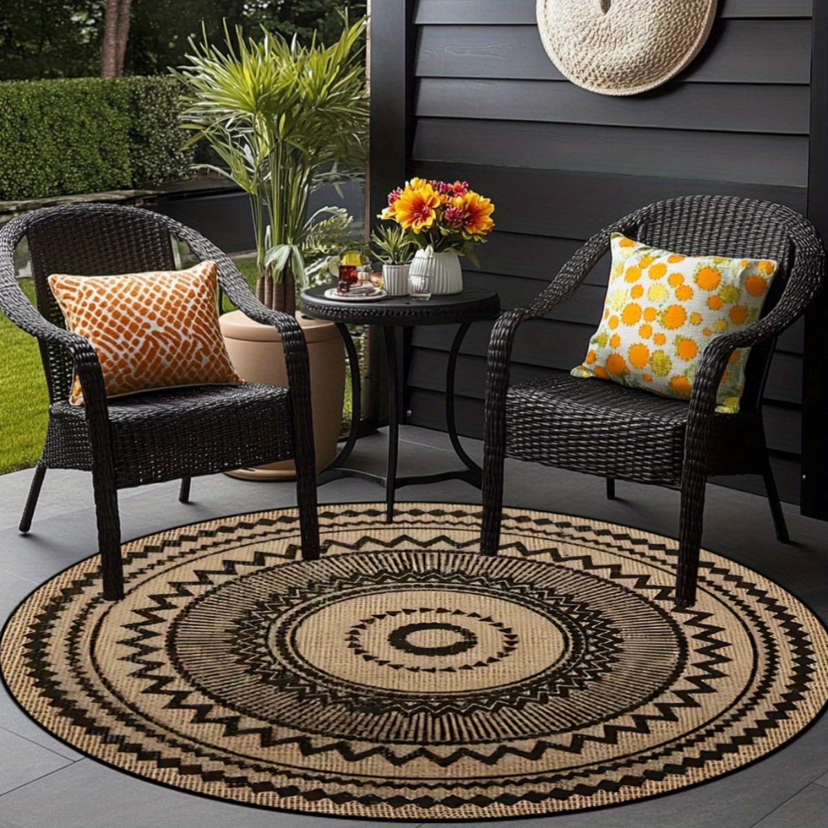 1pc large   beige round area mat non slip washable floor mat with intricate geometric pattern 850g m heavyweight jute mat for indoor outdoor use rv patio   made mat hand wash   rugs for living roo