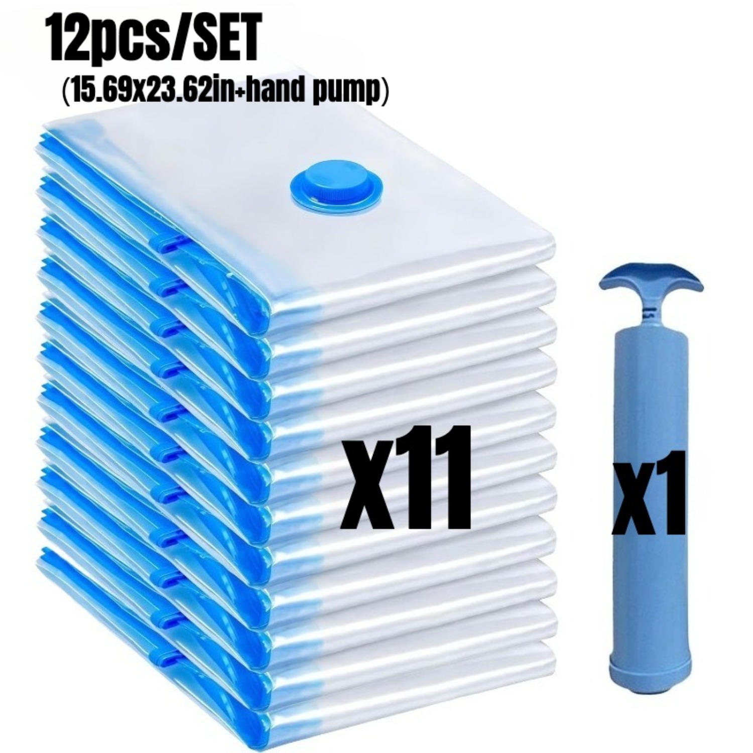 TEMU 12pcs Set Of Large-capacity Transparent Vacuum-sealed Compressed Storage Bags, Full Set With Manual Air Pump, Heavy-duty And Durable, Stackable