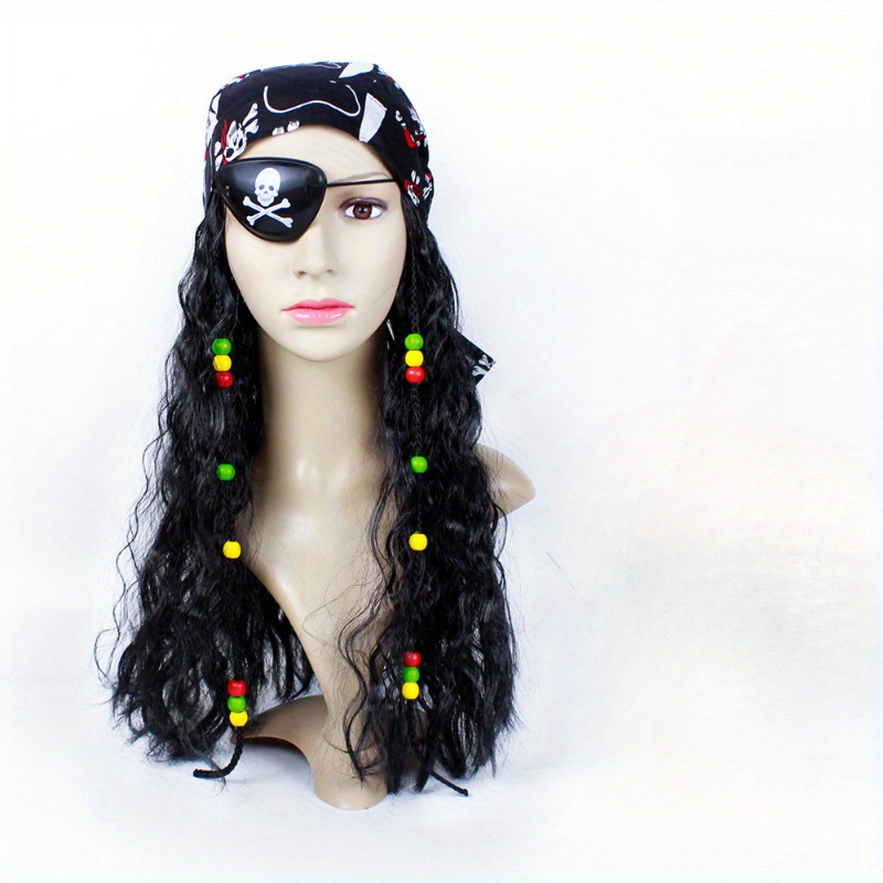TEMU Pirate Wig Halloween Costume Party Captain Wig Headband Halloween Dress-up Halloween Headpiece Fake Hair Halloween Eye Mask