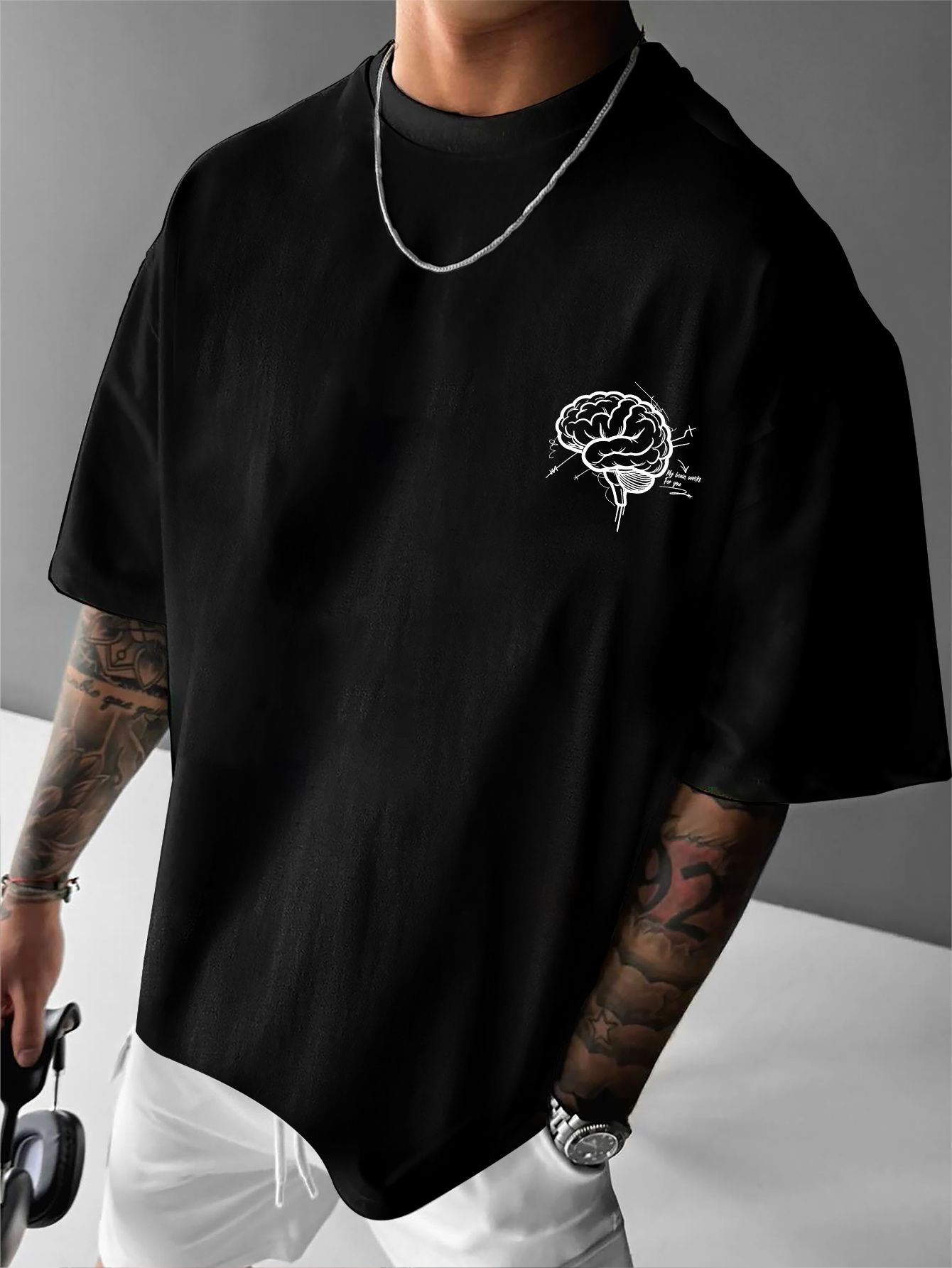 American Style Men'S Casual Round Neck T-Shirt with Thought-Provoking Slogan And Brain Print for Casual Gatherings And Trendy Outfits