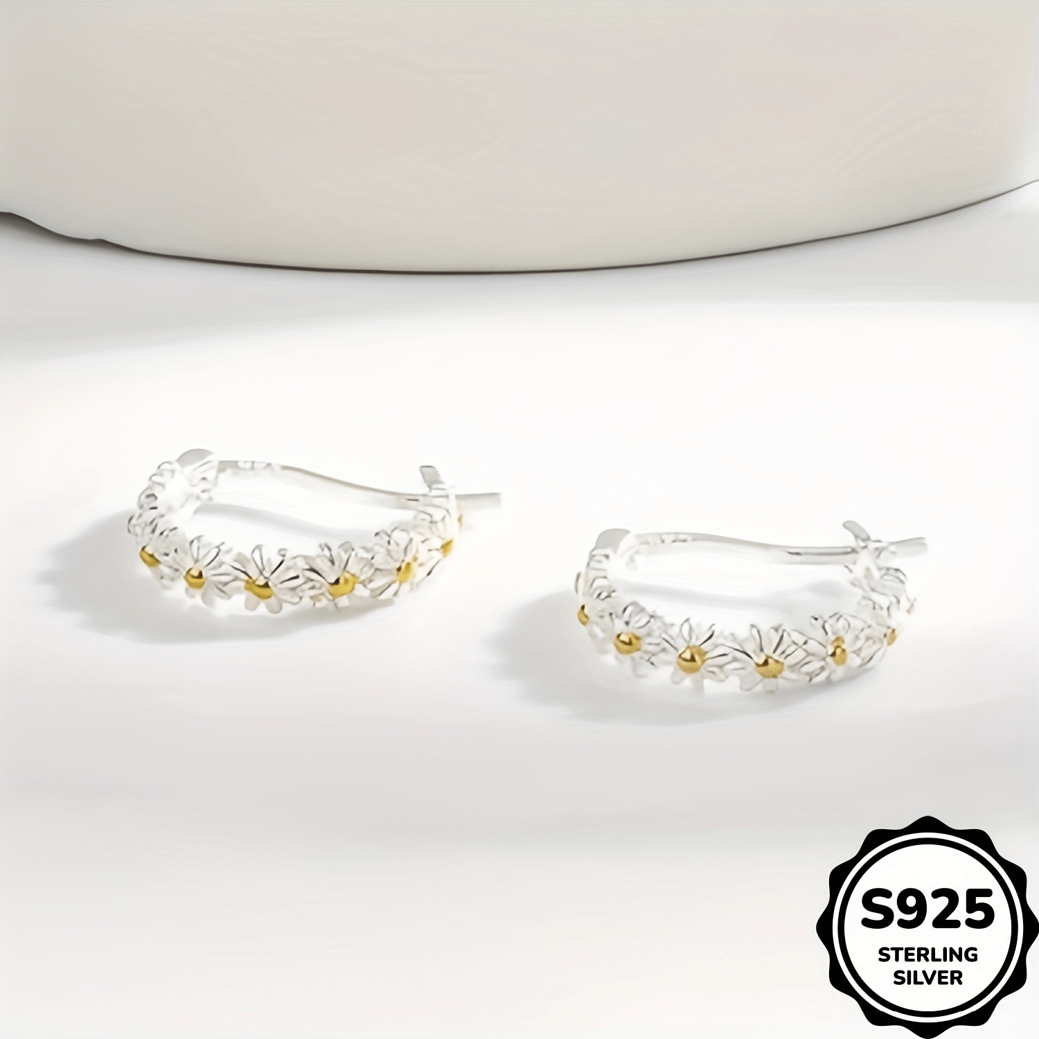 925 Silver Chrysanthemum Earrings Golden Tone
