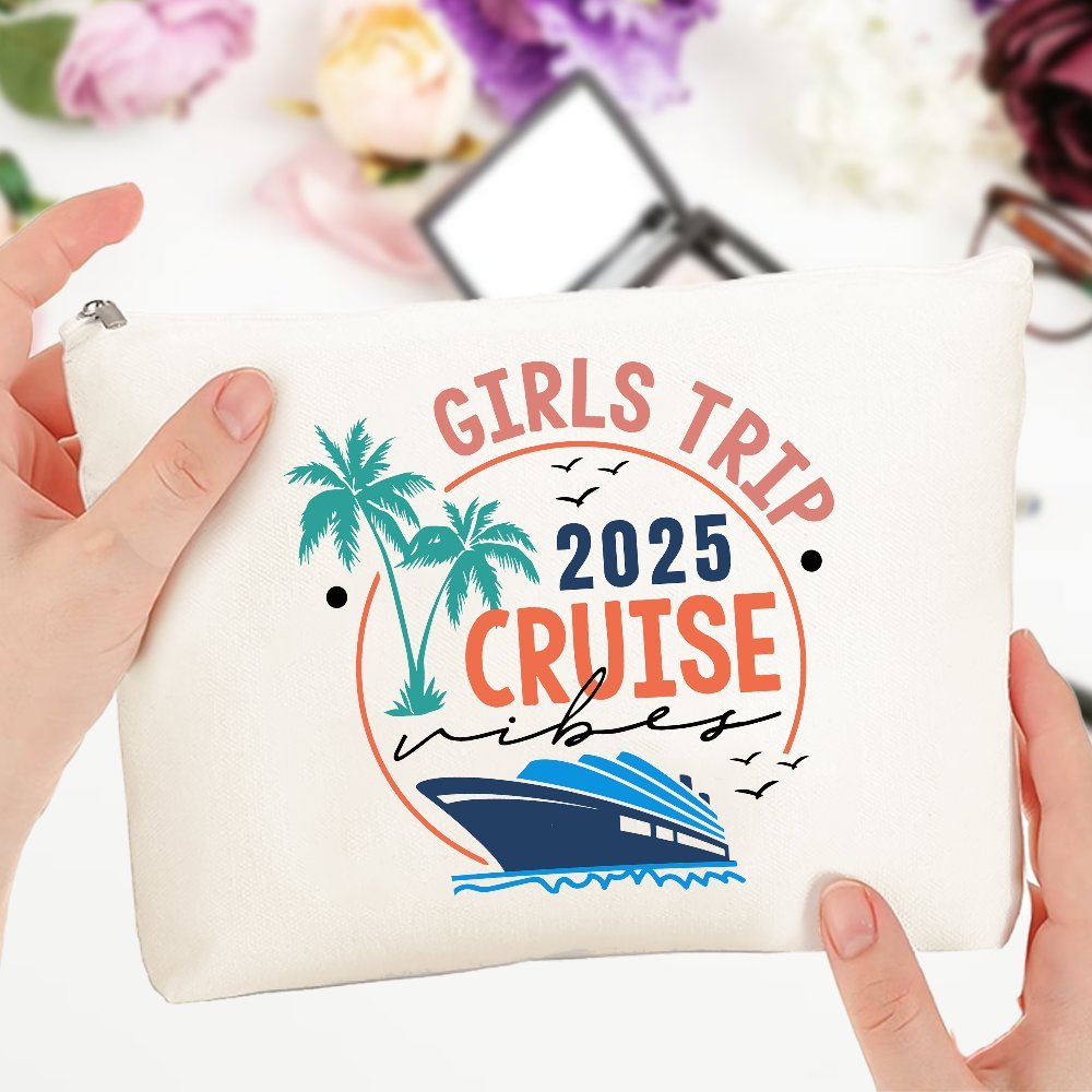 

Girls Trip 2025 Cruise Vibes Canvas Makeup Bag, Fashionable Lightweight Travel Toiletry Pouch With Zipper Closure, , Stylish Cosmetic Bag For Women - Ideal For Cruising & Parties