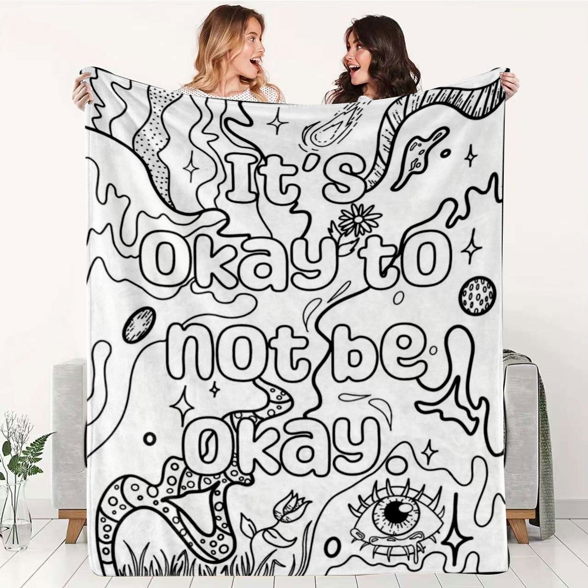 TEMU 1pc, Okay To Not Flannel Blanket, Text Pattern Home Decor Blanket, Soft Comfortable Skin-friendly Warm Sofa Blanket, Bedroom Living Room