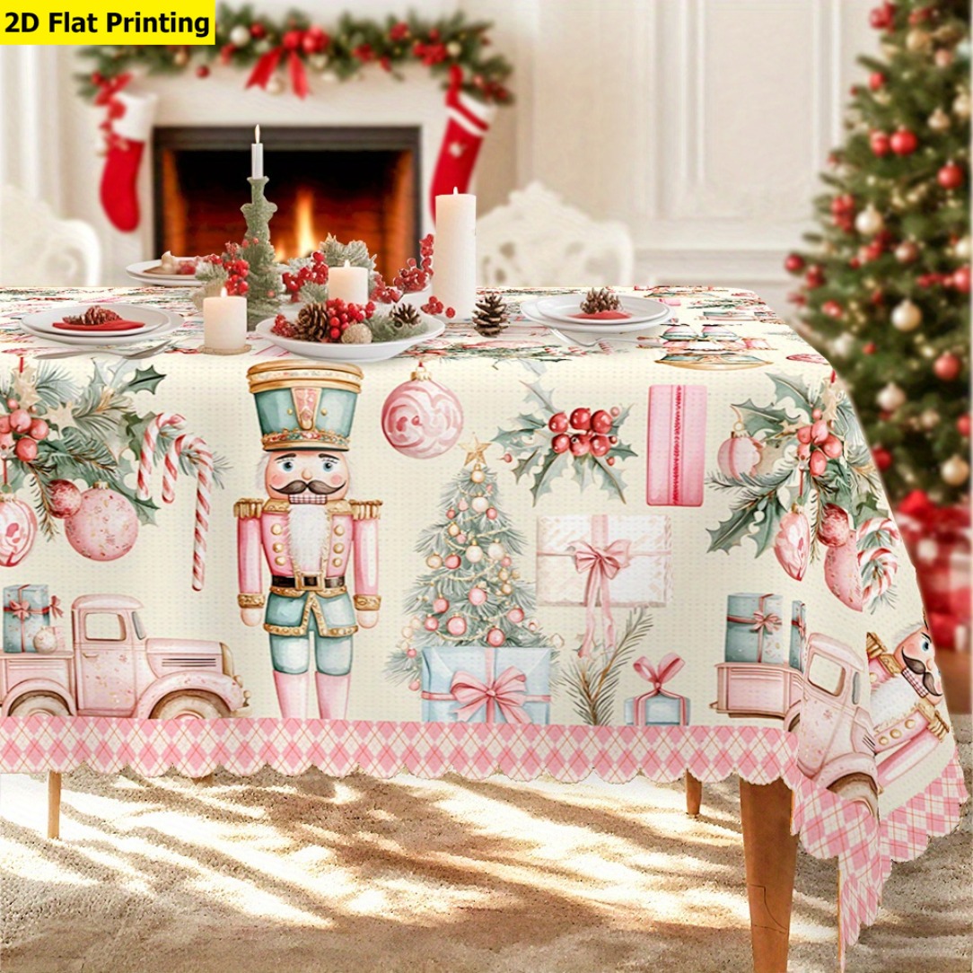 TEMU 2d Flat Tablecloth Christmas Theme, Snow White Pink Decor, Nutcracker Soldier, Christmas Tree And Gifts Pattern, European Retro Style, Suitable