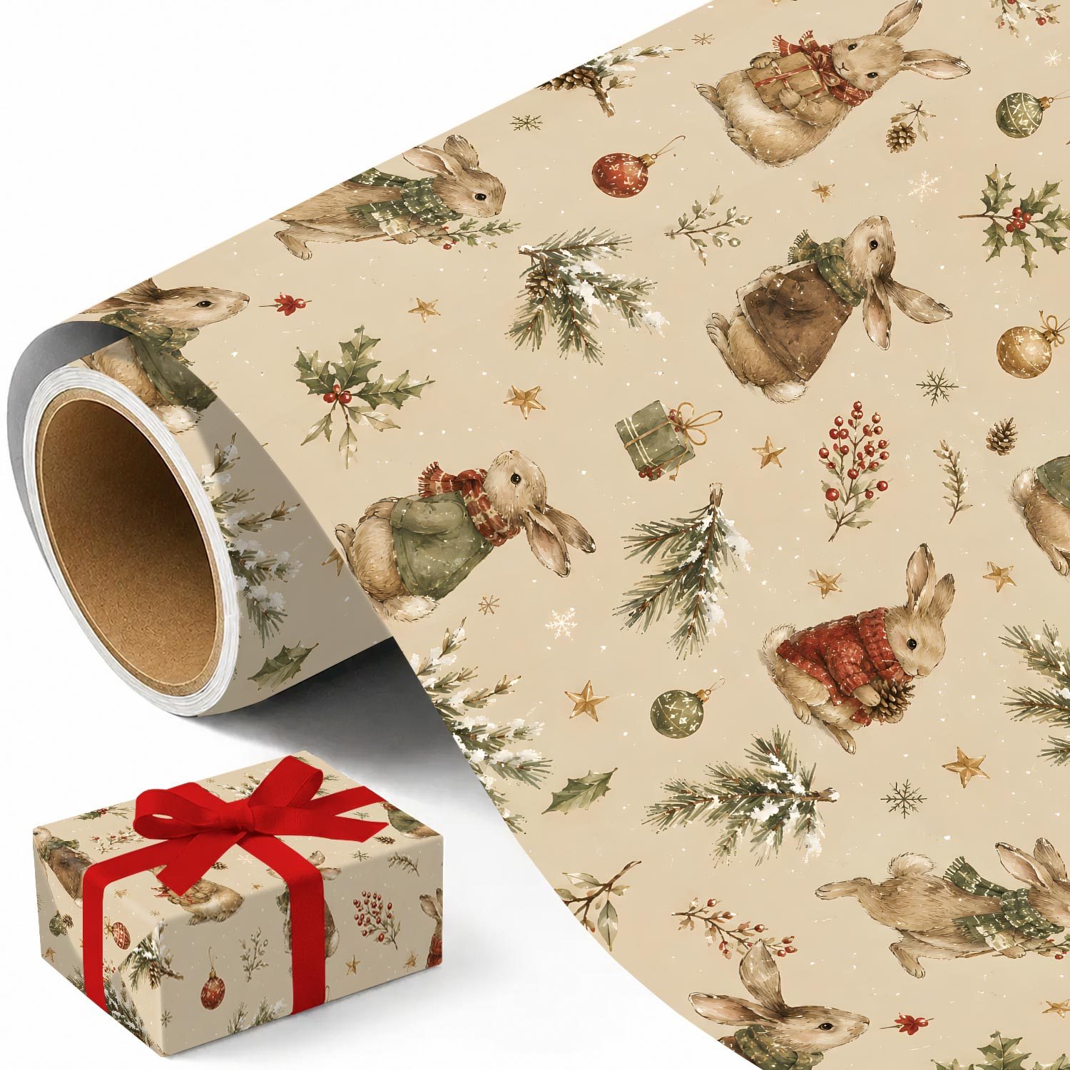 TEMU 1 Rouleau de Papier Cadeau de Noël Vintage, 17.7In X 118In, Papier Cadeau de Noël Lapins avec Branches de Pin, Pommes de Pin, de Houx, Boules de