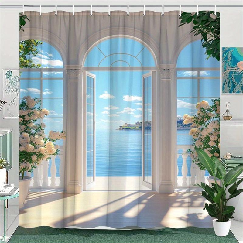 TEMU 1pc Elegant Coastal Shower Curtain | & View, Modern With White Arched Columns, Washable Bathroom Decor With Hooks For A Relaxing Shower