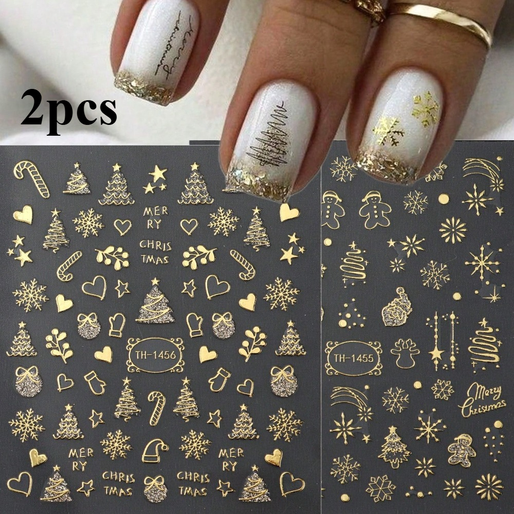 2pcs Golden Christmas Ball Winter Snowflake Tree Candy Self-adhesive Nail Stickers Hot Stamping Cartoon Cute Elk New Year Holiday Nail Supplies Diy Nail Art Decoration