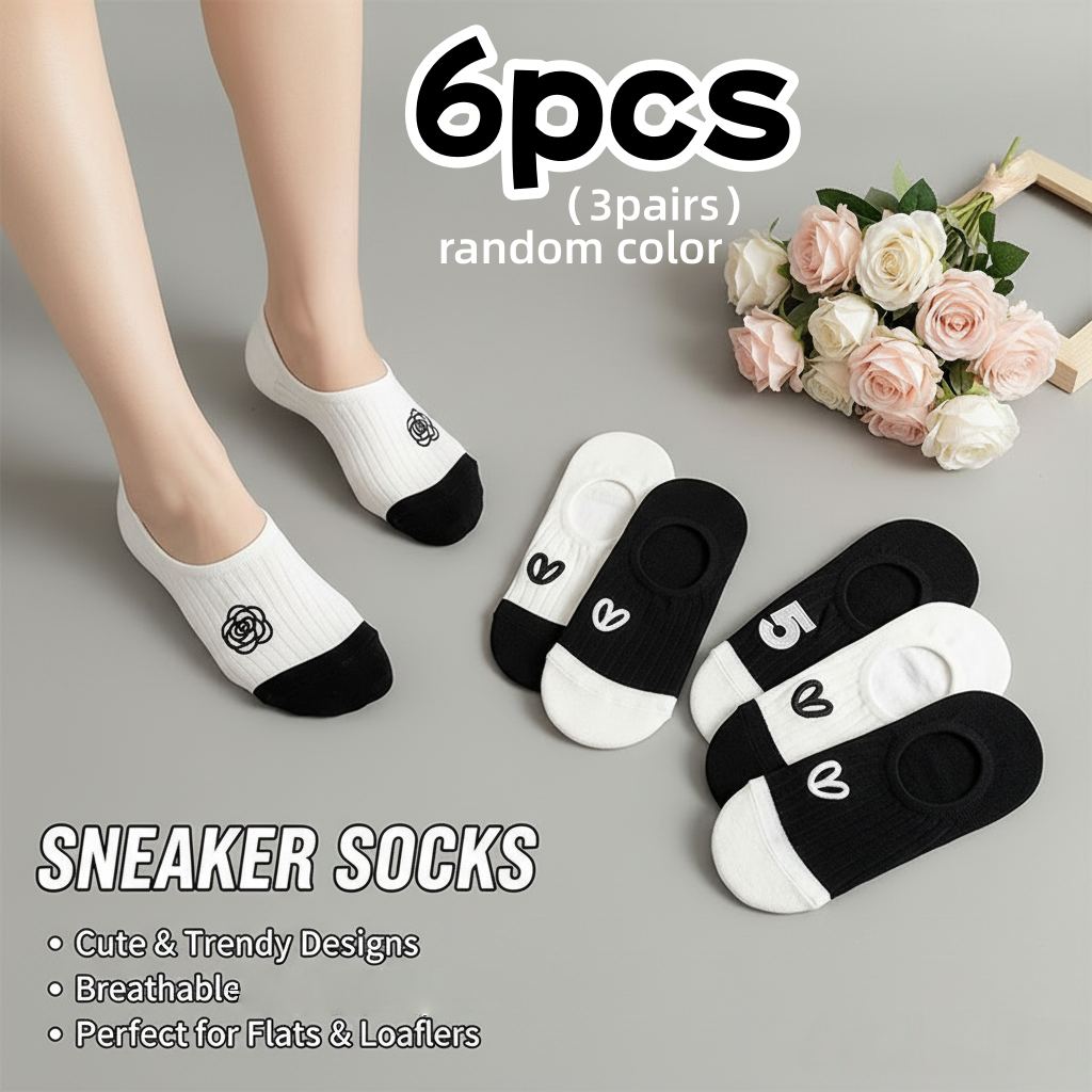 TEMU 6pcs 3 Pairs Random Style Women' Color Casual Socks, Breathable And Sweat-absorbent, Odor-resistant Low-cut Ankle Socks, High-elasticity Cuffs