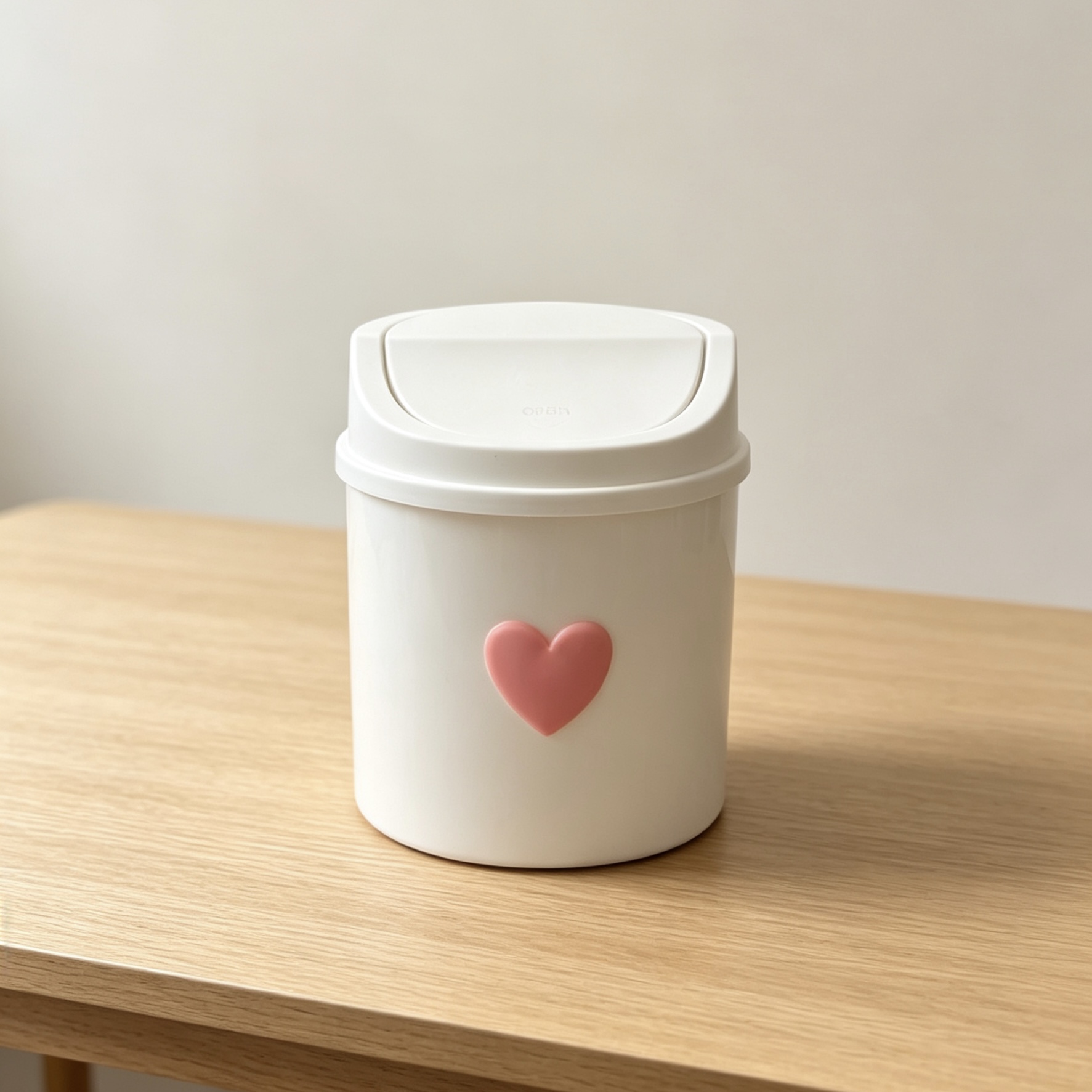 TEMU Mini Poubelle de Bureau avec Couvercle et Décoration en Cœur, Corbeille à Déchets Rotative en Plastique, Poubelle Cylindrique Non Électrique