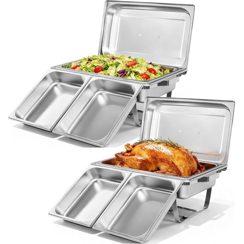 Image of 2/1 Pack 9qt Chafing Dish Buffet Set Stainless Steel Food Warmer Chafer Complete Set With Water Pan, Is Food Pans, Chafing Fuel Holder For Party Catering - Cooking