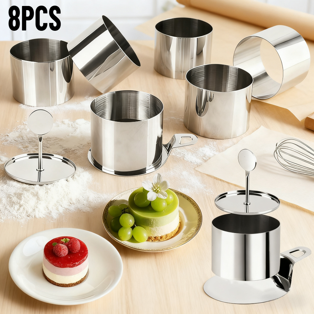 Set Of 8 Seamless Cake Ring Molds Made Of Stainless Steel, Designed For Mousse, Round Pastry Cutting, And Baking. Includes A Pusher And A Release Tool, And Safe For Dishwashers