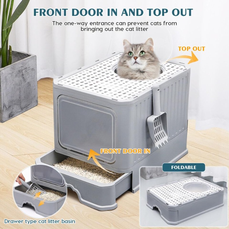 Cat Litter Box Enclosed Cat Potty with Scoop Large Covered Kitty Litter Box with Lid Drawer Type Anti-Splashing Cat Toilet Front Top Entry Exit Easy to Clean
