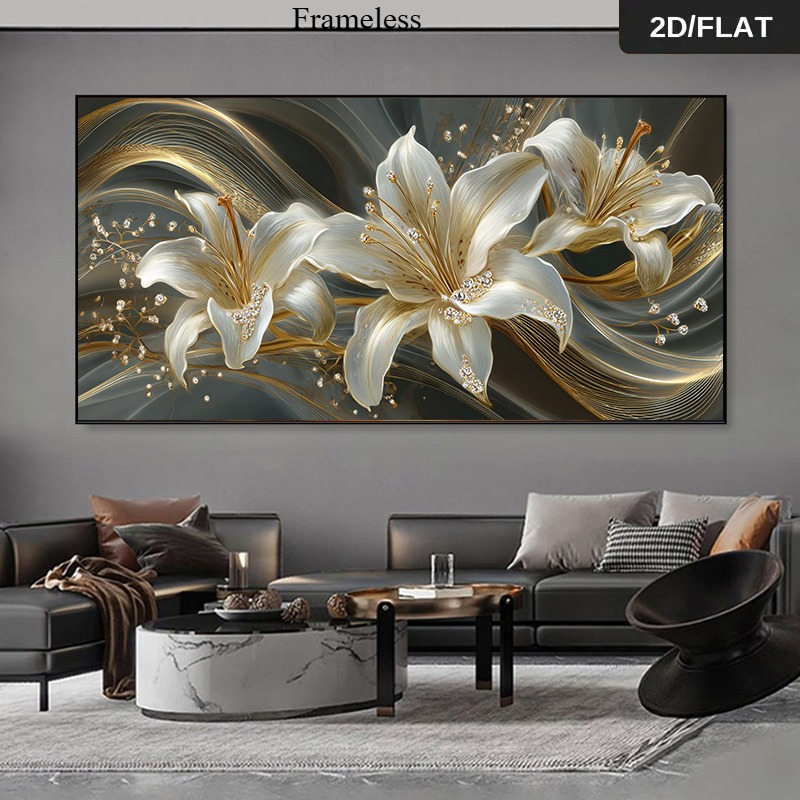 TEMU 2d Flat, 2d Flat, 2d/flat2dflat Extra Large Modern Abstract Golden Lily Canvas Art - Large White And Golden Floral Wall Decor With Diamond