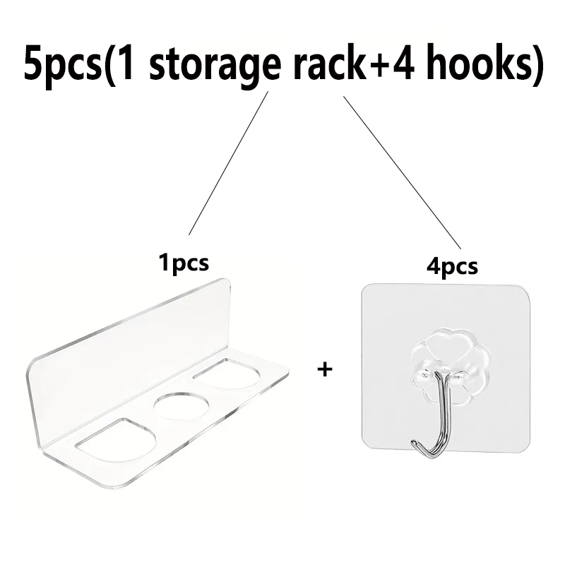 TEMU 5pcs(1 Storage Rack+4 Hooks)3-hole Acrylic Transparent Bathroom Storage Rack, Wall-mounted Hairbrush Holder, Toothbrush Holders, Tooth Brush
