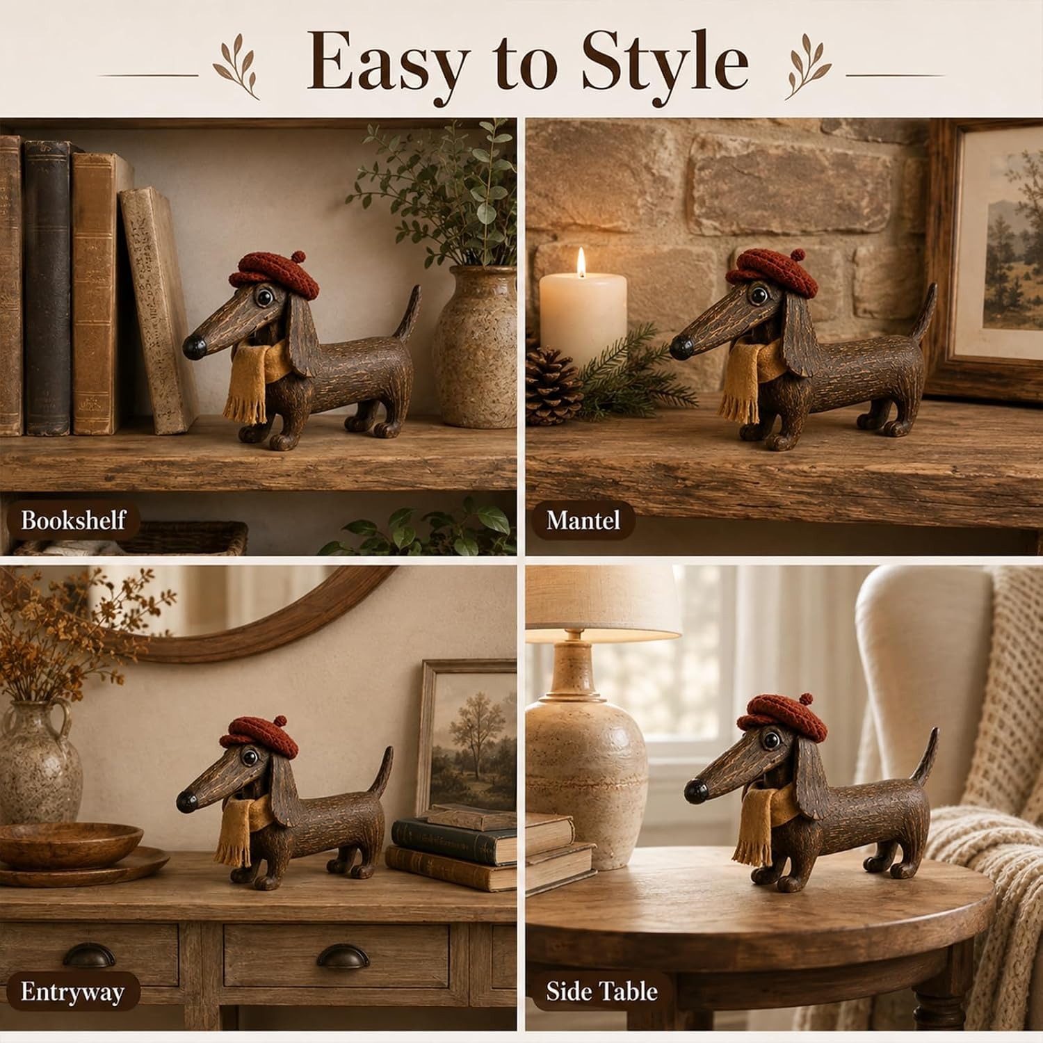 rustic dachshund figurine with hat and scarf vintage style dog statue farmhouse home desktop shelf decor housewarming gift Product details 5