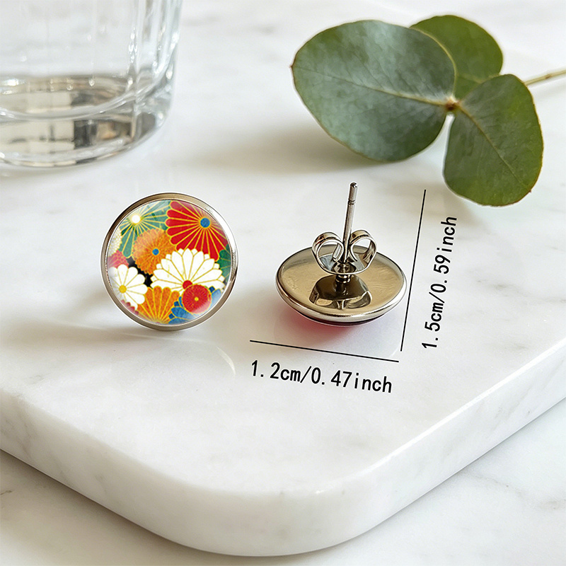 Japanese Floral Pattern Stud Earrings, Fashion Jewelry