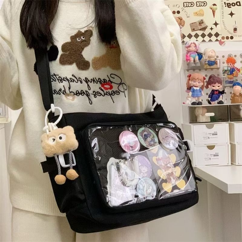 TEMU Campus-style Versatile School Bag For Carrying Books, Easy And Large-capacity Messenger Bag For Women, Transparent Badge Shoulder Bag, Itabag