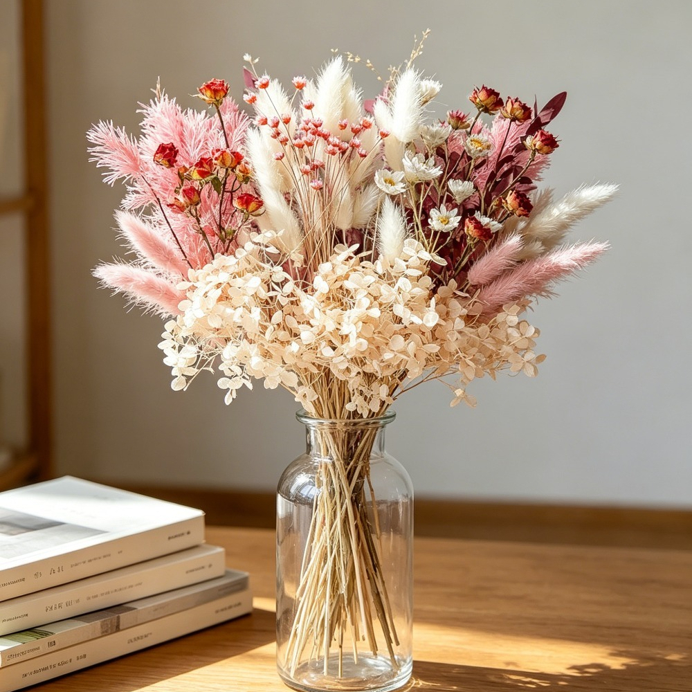 Image of 120pcs Natural Dried Flowers Kit 9 Varieties Preserved Daisy Bunny Tail Grass Pampas Grass Rose For Diy Crafts Resin Art Home And Wedding Decor