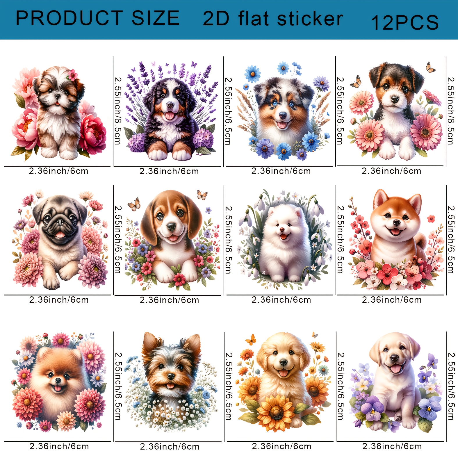 TEMU 12 Sheets Of Uv Dtf Transfer Paper, Featuring Cute Puppy Patterns And Floral Backgrounds--self-adhesive, Scratch-resistant 3d Crystal Labels,
