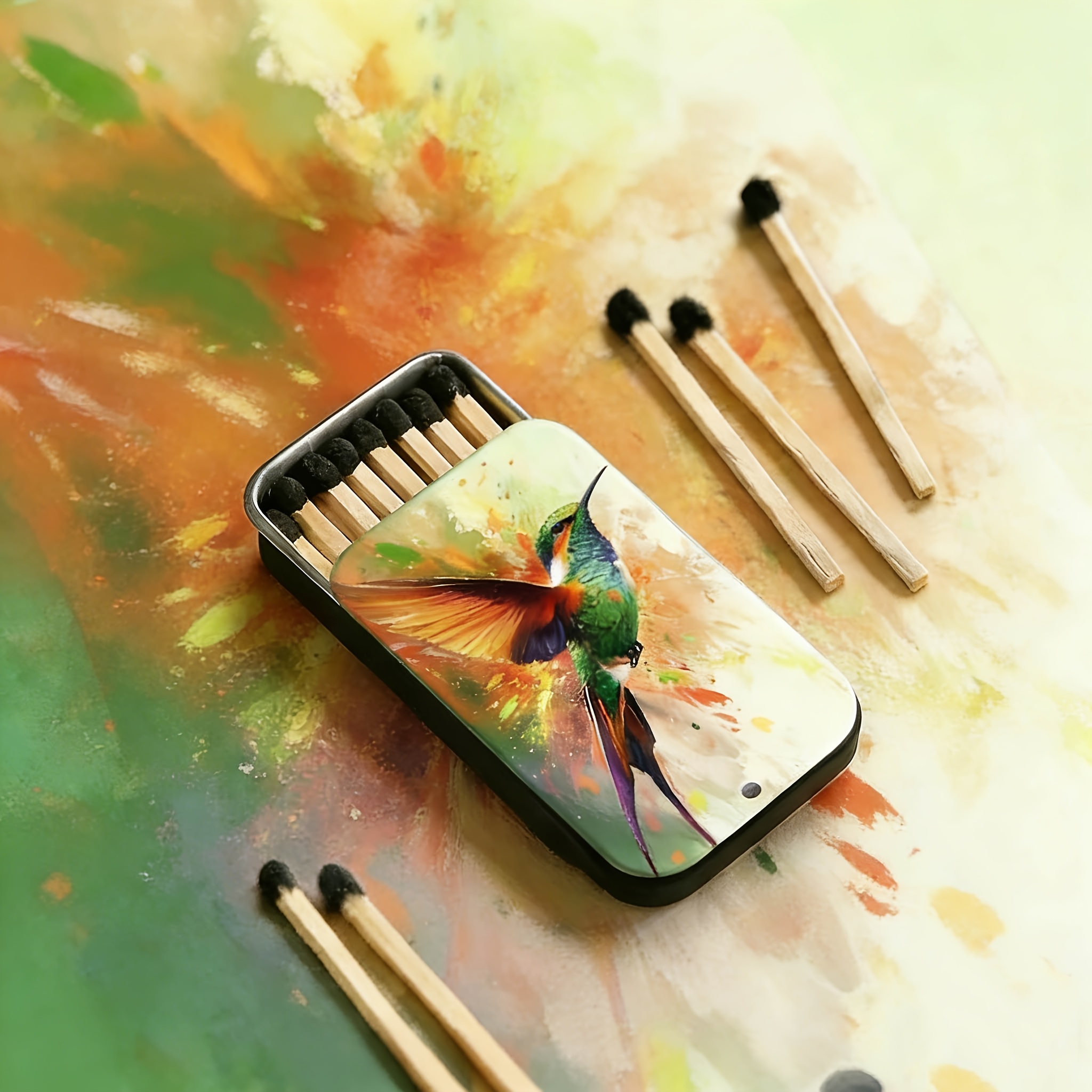 TEMU 1pc Colorful Hummingbird Metal Matchbox, No Matches Included, Compact Slide-open Case, Suitable For Daily Use
